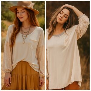 Free People Ivory Patchwork Balloon Sleeve Oversized Boho Top Size S